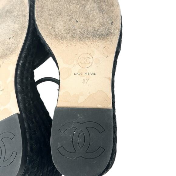 Chanel Lambskin Grosgrain CC Cap Toe Wedge Espadrilles Black Size 37 - Picture 10 of 13